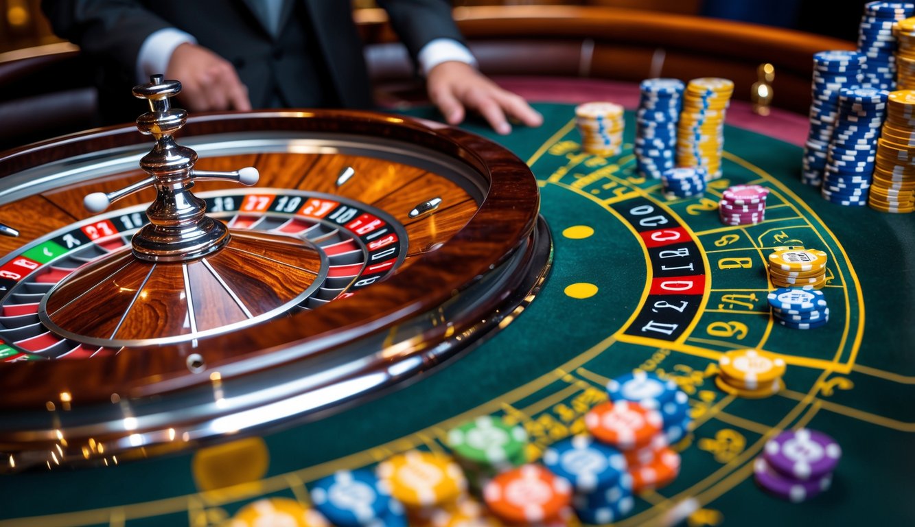 Meja roulette kasino dengan roda roulette yang berputar dan tumpukan chip warna-warni di atas meja taruhan.