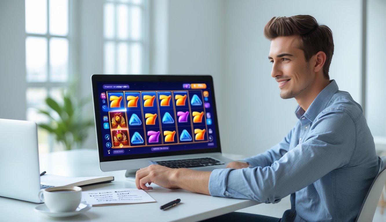 Seorang dewasa muda duduk di meja dengan laptop yang menampilkan permainan slot online, terlihat fokus dan percaya diri dalam suasana ruangan yang terang dan rapi.