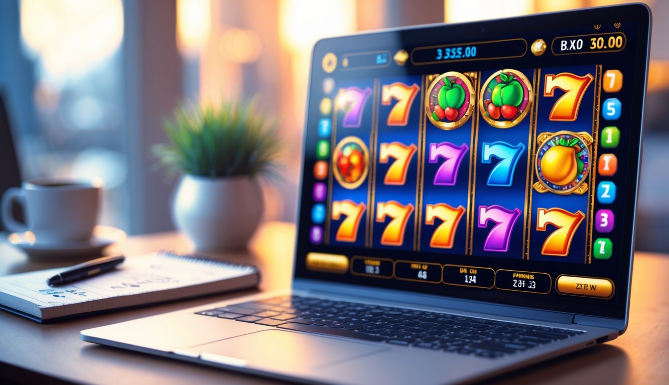 Seorang pemain sedang menggunakan laptop dengan layar menampilkan gulungan mesin slot online yang berwarna-warni di atas meja kerja yang rapi.