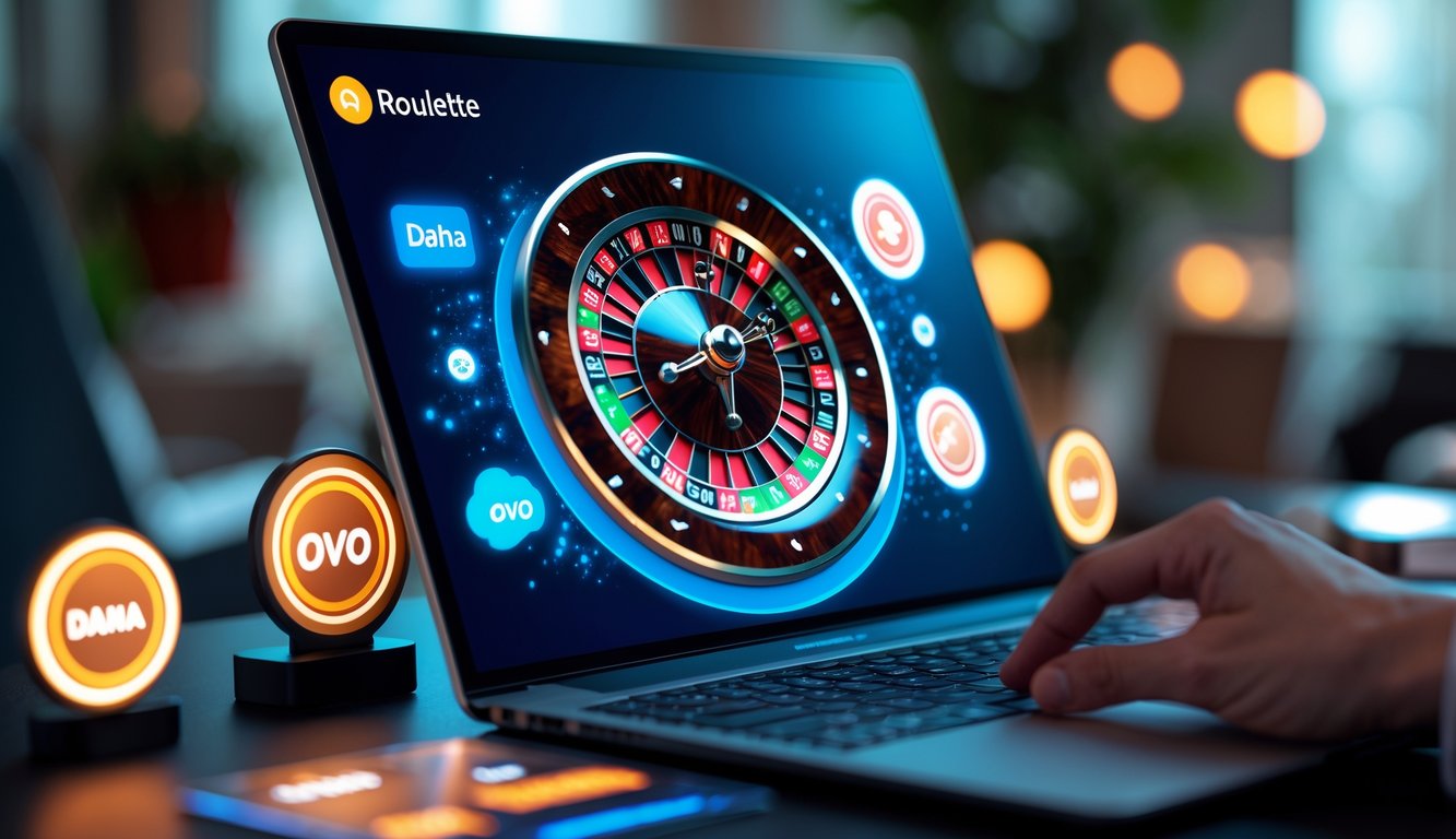 Sebuah layar komputer menampilkan roda roulette digital dengan ikon pembayaran digital di sekitarnya dalam suasana ruangan yang modern dan nyaman.