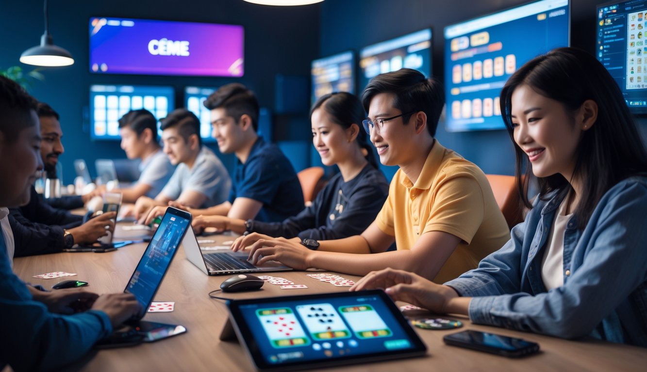 Beberapa orang sedang bermain permainan kartu Ceme secara online menggunakan perangkat digital di sebuah ruangan modern.