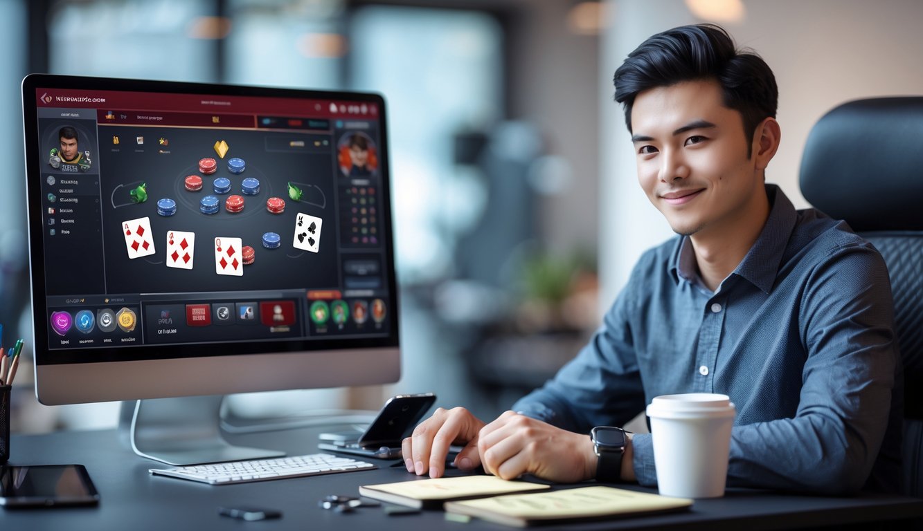 Seorang dewasa muda duduk di depan komputer dengan tampilan permainan kartu digital, tampak fokus dan percaya diri dalam suasana ruang kerja yang rapi.