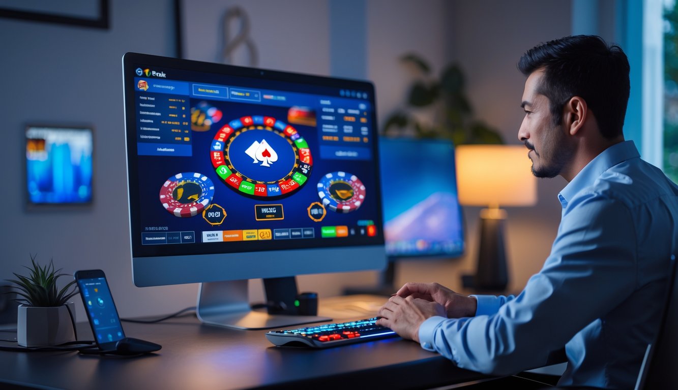 Seorang pria dewasa sedang bermain poker online di depan komputer di ruang kerja modern yang rapi.