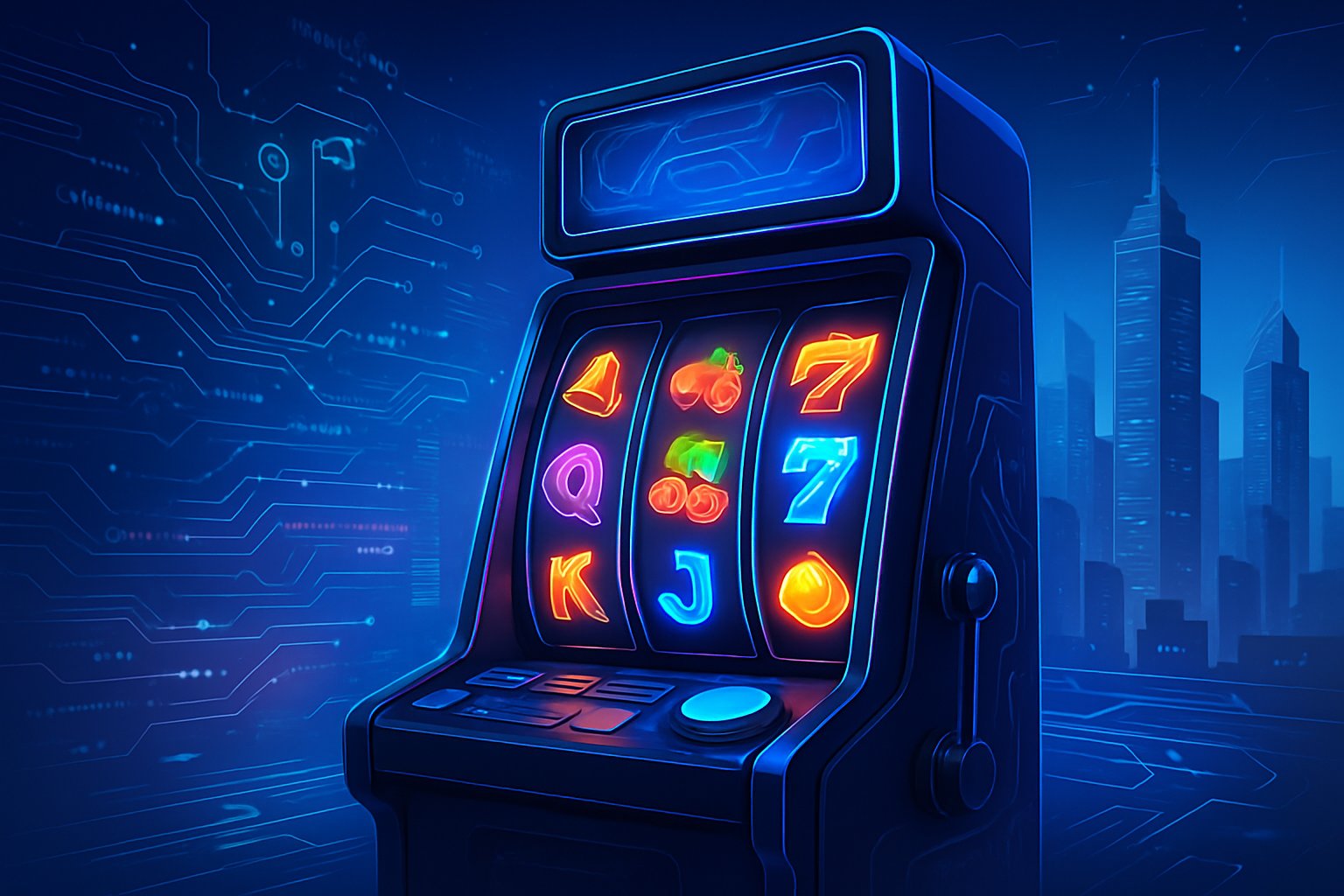 Ilustrasi mesin slot modern dengan latar kota futuristik dan elemen teknologi yang mencerminkan inovasi dan pencapaian di industri slot online.
