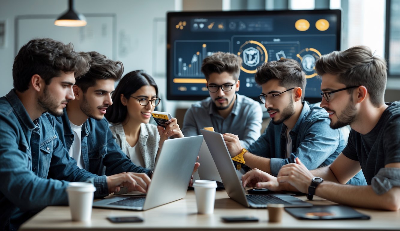 Sekelompok orang muda bermain permainan kartu online dengan serius menggunakan laptop dan tablet di sebuah ruangan modern.