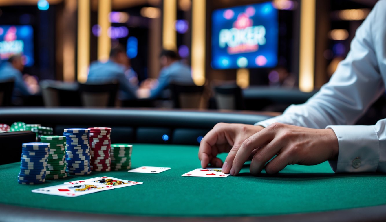Meja poker dengan chip dan kartu yang sedang dibagikan oleh dealer di lingkungan kasino yang modern.