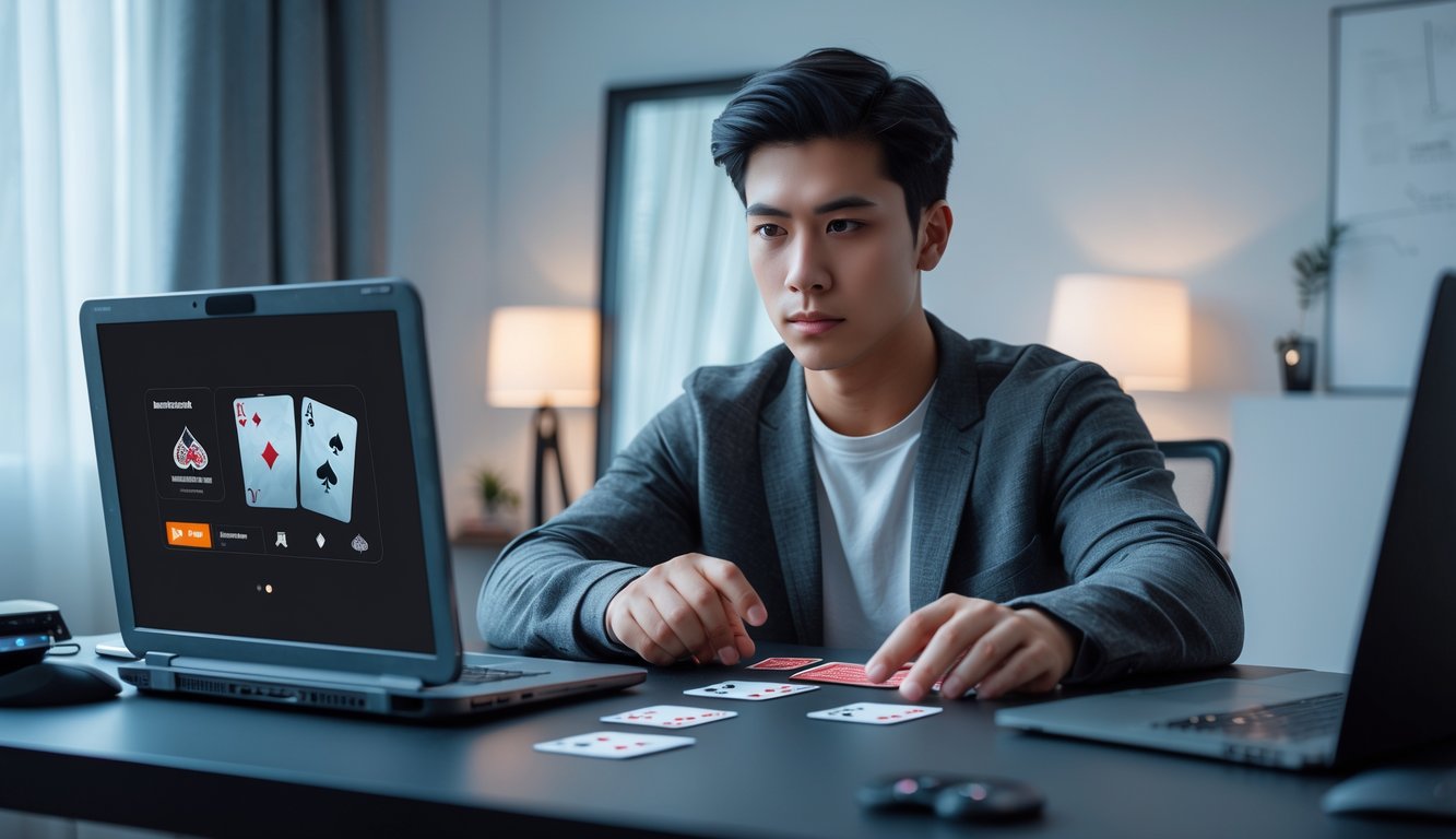Seorang dewasa muda duduk di meja permainan modern, fokus dan strategis saat bermain kartu online dengan perangkat digital di sekitarnya.
