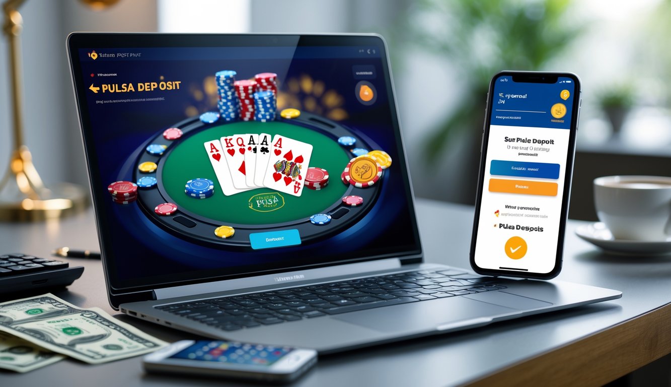 Seorang pengguna melakukan deposit pulsa untuk poker online menggunakan laptop dan ponsel di meja kerja.