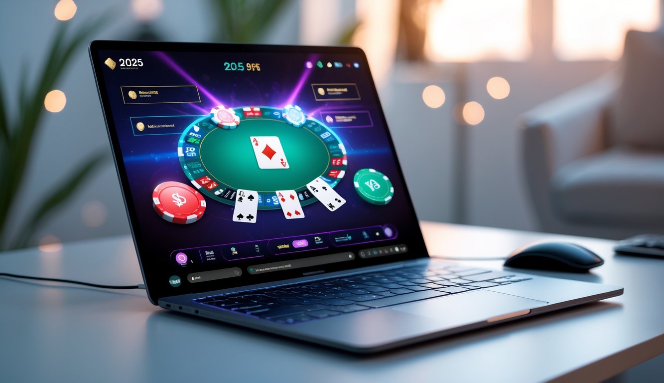 Seorang pengguna bermain poker online di laptop dengan tampilan meja poker digital dan chip di layar dalam suasana ruang kerja yang nyaman.