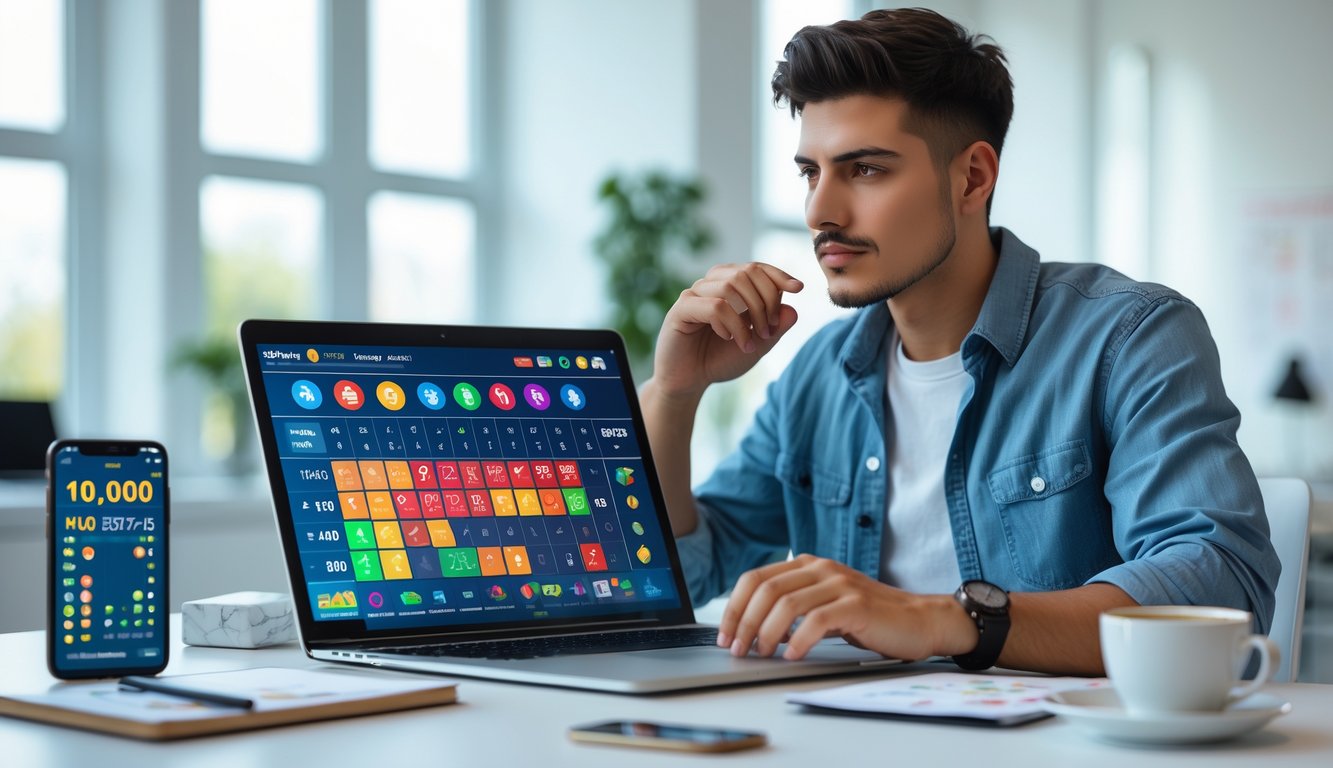 Seorang dewasa muda duduk di meja modern dengan laptop terbuka, menganalisis data terkait togel online di lingkungan kantor yang terang dan rapi.