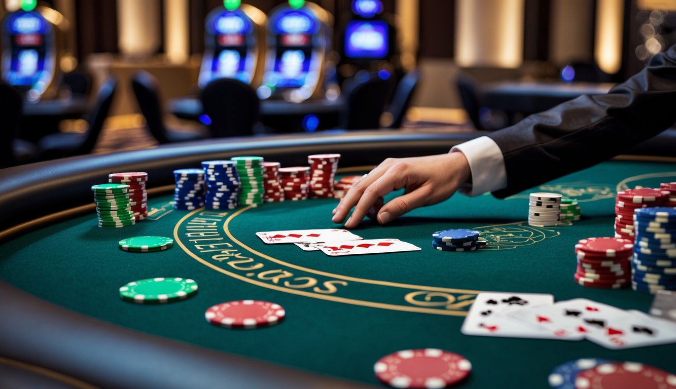 Meja poker dengan chip dan kartu di kasino modern yang terang dan elegan.