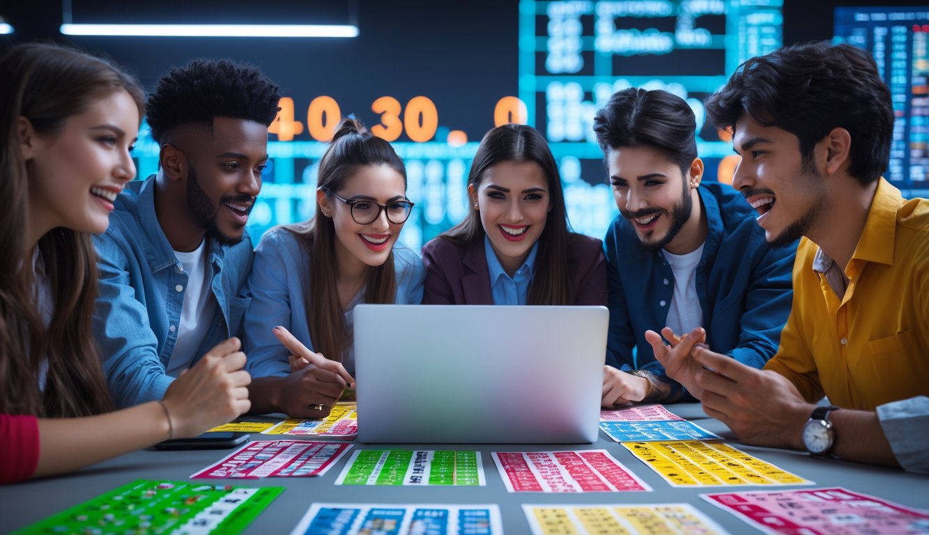 Sekelompok orang muda sedang berkumpul di sekitar laptop dan ponsel, berdiskusi dan merencanakan strategi untuk bermain togel online dengan antusias.