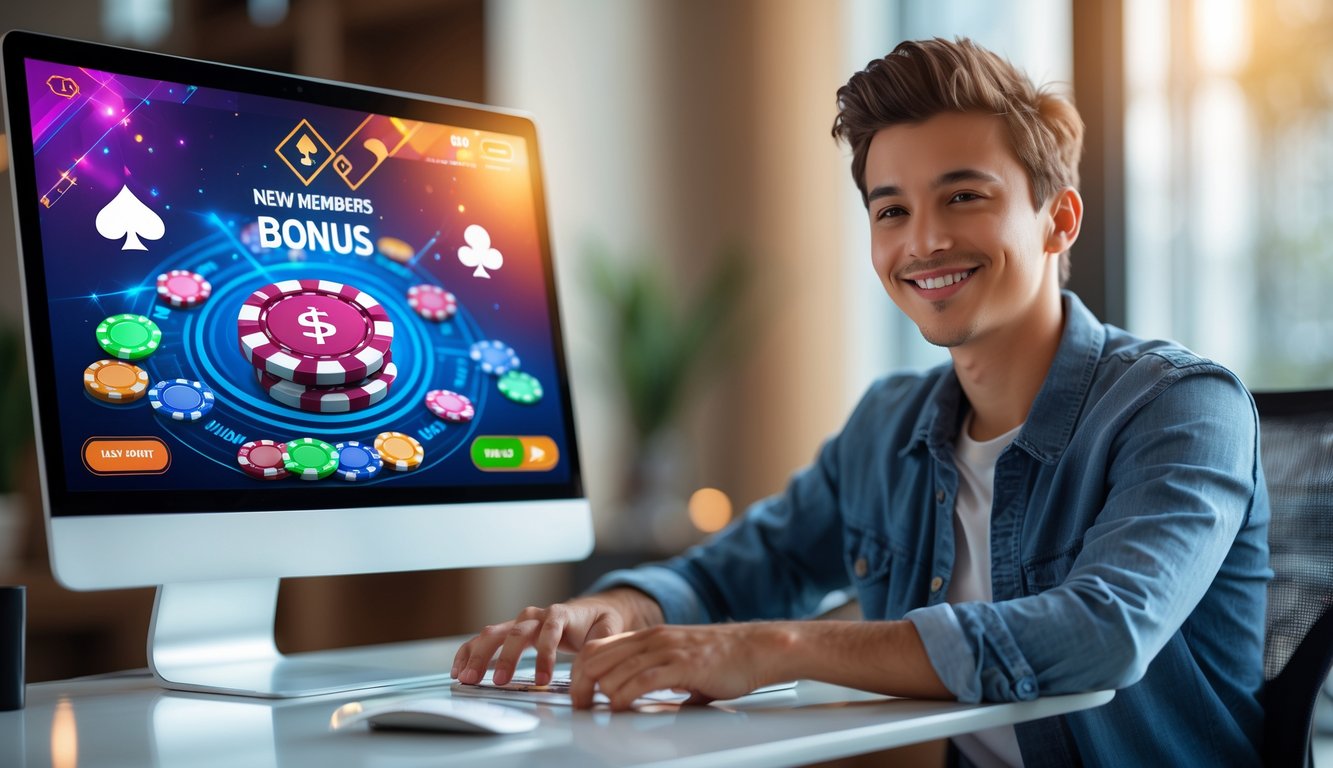Seorang pemain muda tersenyum sambil bermain poker online di komputer dengan tumpukan chip dan kartu di layar.