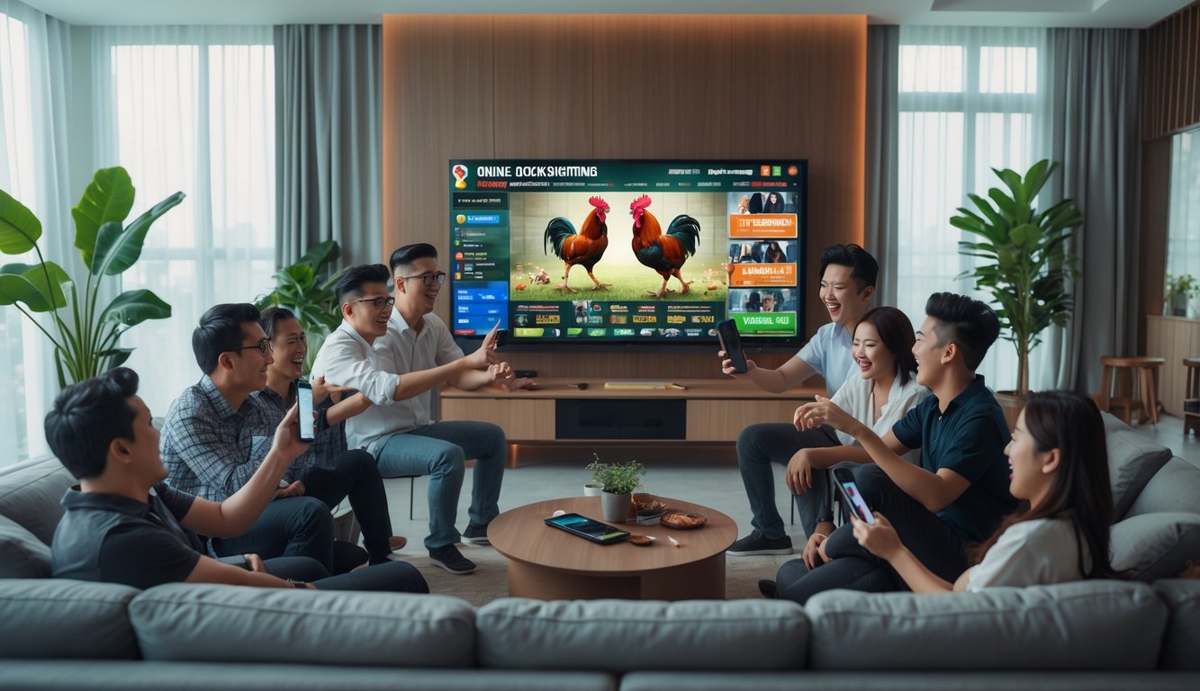 Sekelompok orang muda berkumpul di ruang tamu modern menonton pertandingan sabung ayam secara online di layar televisi besar dengan perangkat digital di tangan mereka.