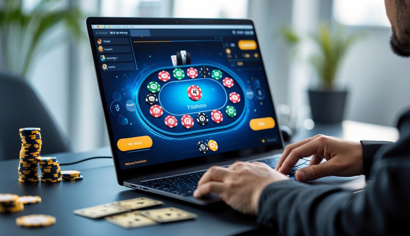 Seorang pemain poker online menggunakan komputer dengan tampilan permainan poker di layar, tangan terlihat sedang bermain.
