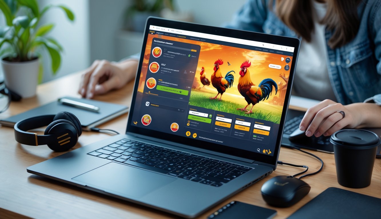 Meja kerja dengan laptop yang menampilkan permainan sabung ayam online, tangan seseorang sedang menggunakan laptop, dengan aksesori gaming di sekitar meja.