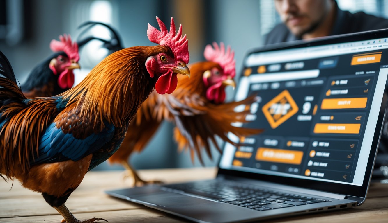 Dua ayam jago sedang bertarung dengan latar belakang layar perangkat digital yang menampilkan aktivitas taruhan sabung ayam online.