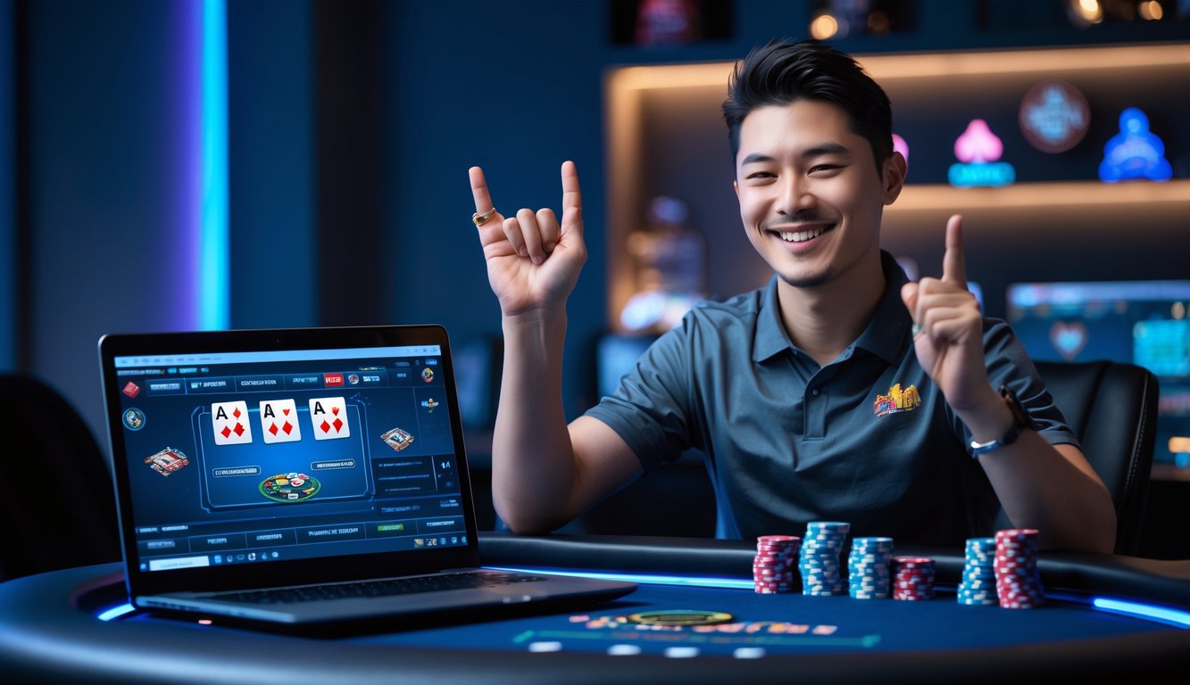 Seorang pemain poker online yang percaya diri merayakan kemenangan besar di depan laptop dengan tumpukan chip poker di meja.