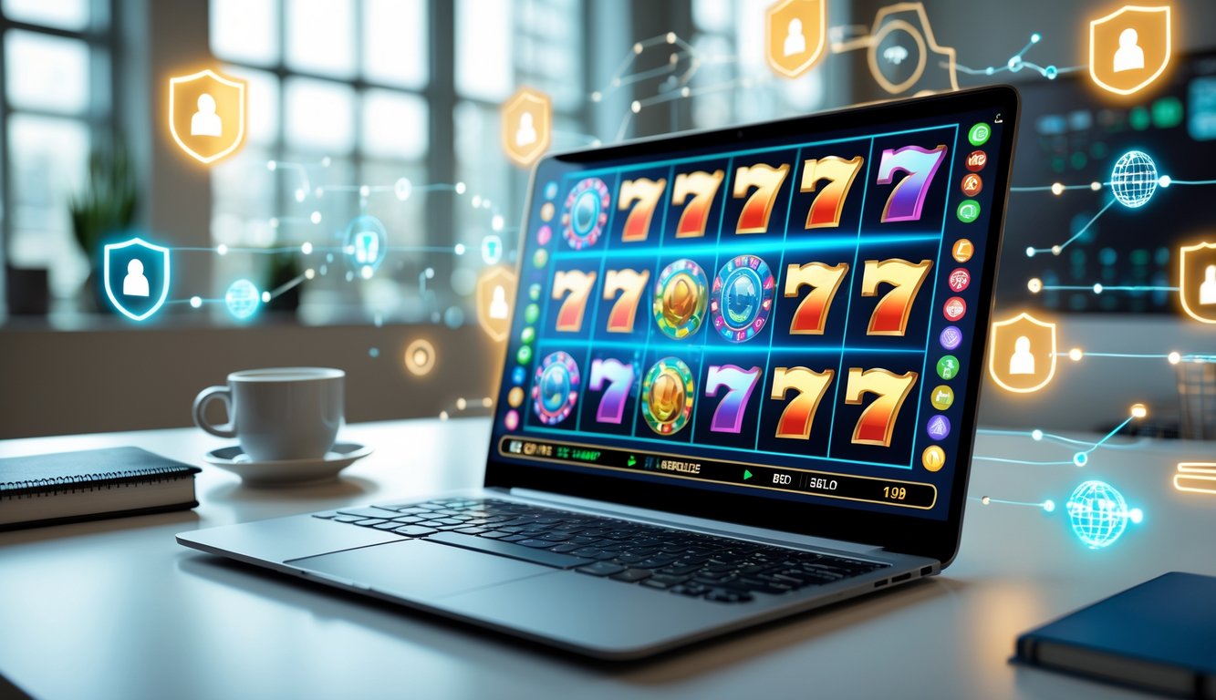 Seorang pengguna menggunakan laptop dengan tampilan permainan slot online yang berwarna-warni di meja kerja yang rapi dan terang.