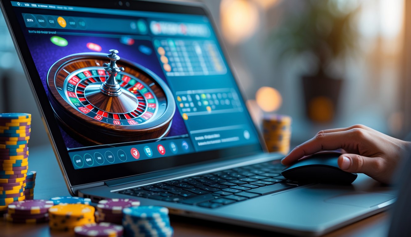 Seseorang menggunakan komputer dengan tampilan roda roulette dan chip taruhan di meja.