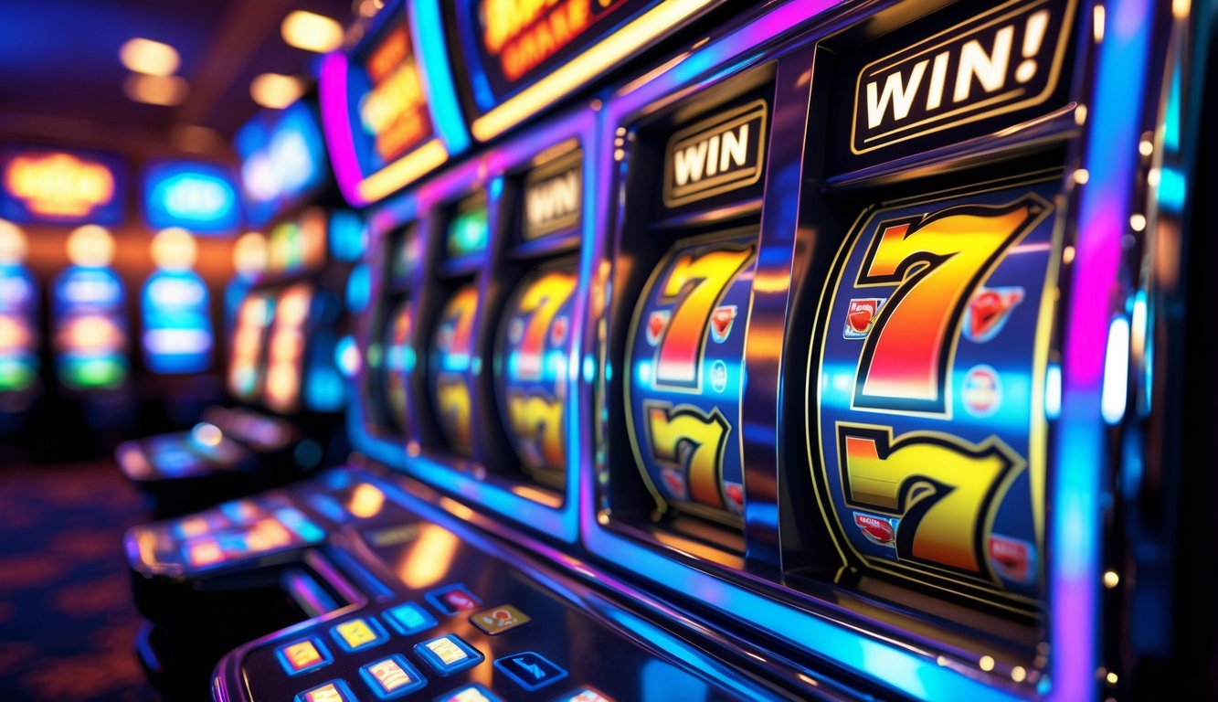 Mesin slot modern dengan lampu warna-warni yang menunjukkan kemenangan besar di kasino.