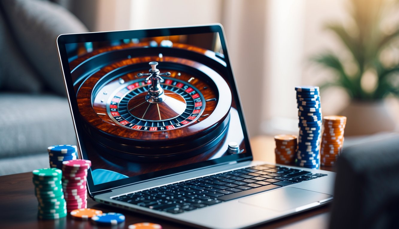 Sebuah laptop menampilkan permainan roulette online dengan tumpukan chip di sampingnya di meja yang rapi.