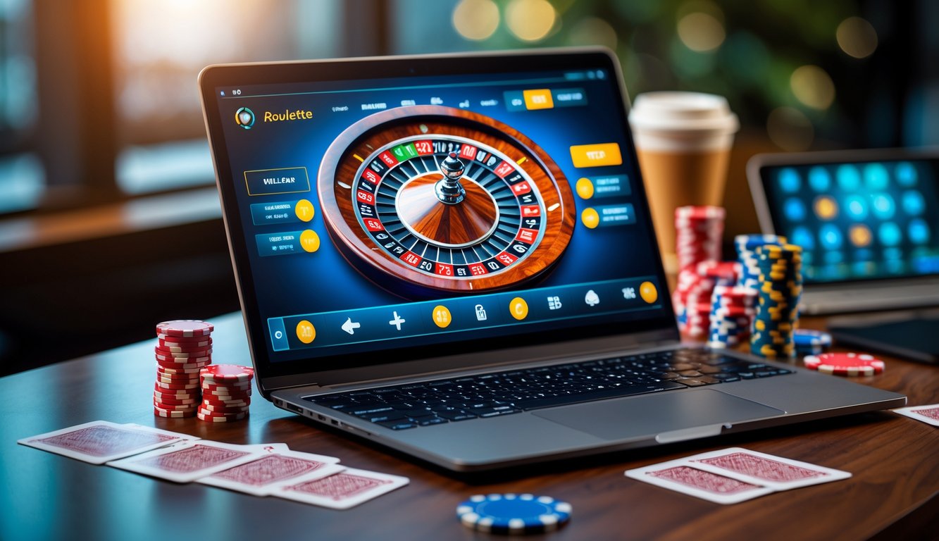 Sebuah laptop menampilkan roda roulette online dengan chip poker dan kartu bermain di atas meja kayu.