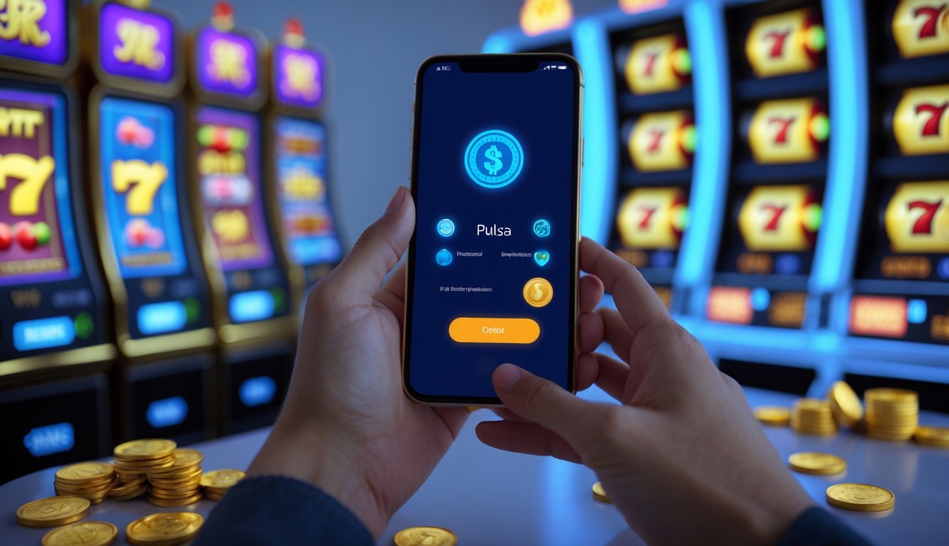 Tangan memegang ponsel dengan aplikasi pembayaran digital dan simbol mesin slot berwarna-warni di latar belakang.