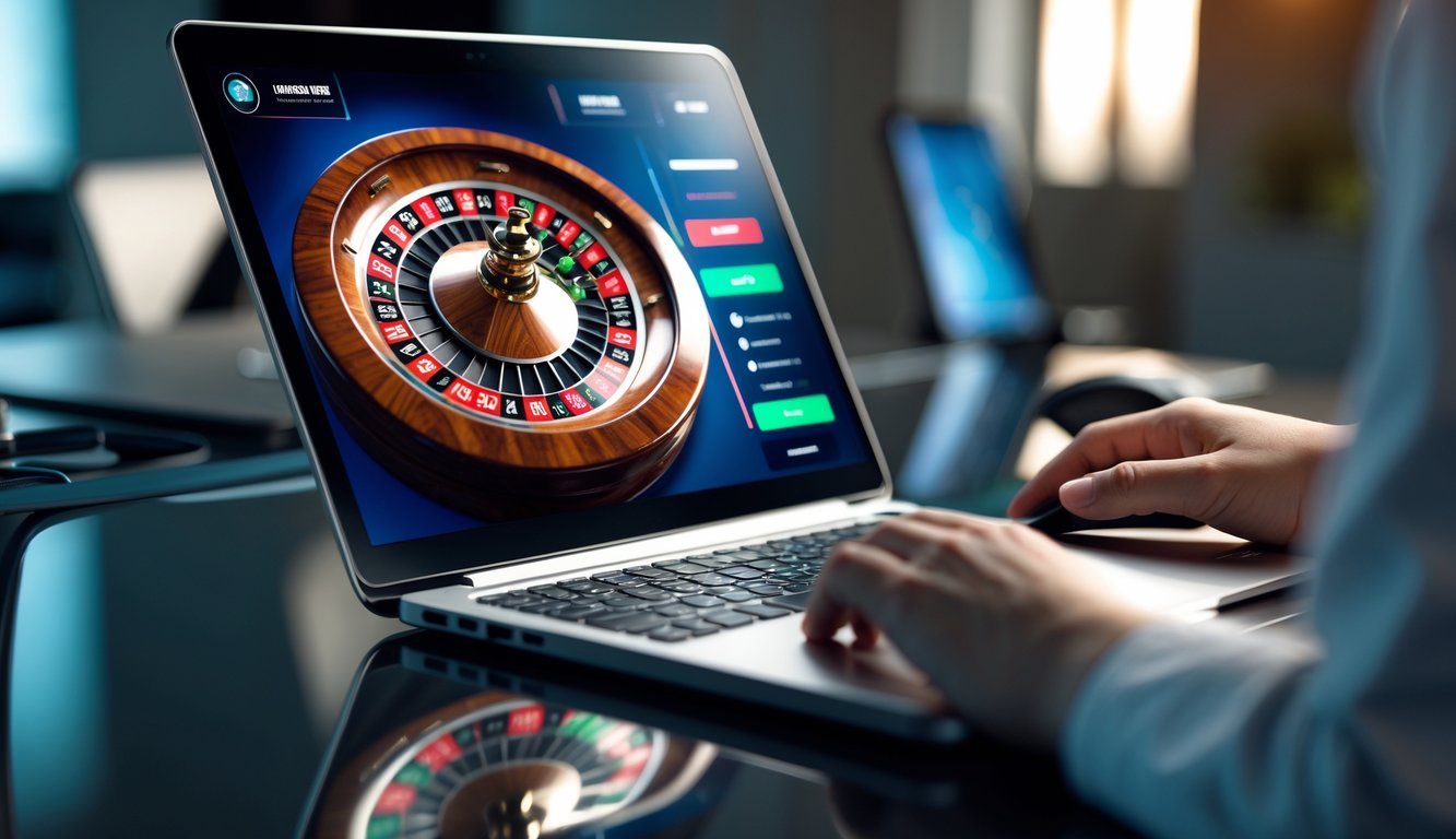 Sebuah komputer menampilkan roda roulette online dengan tangan seseorang siap bermain di lingkungan kerja yang rapi dan terang.
