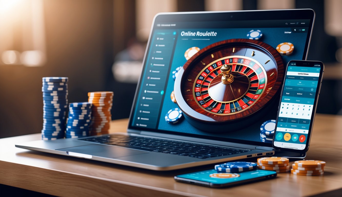 Laptop dengan tampilan roda roulette online di meja kayu, dikelilingi chip kasino dan ponsel dengan aplikasi taruhan.
