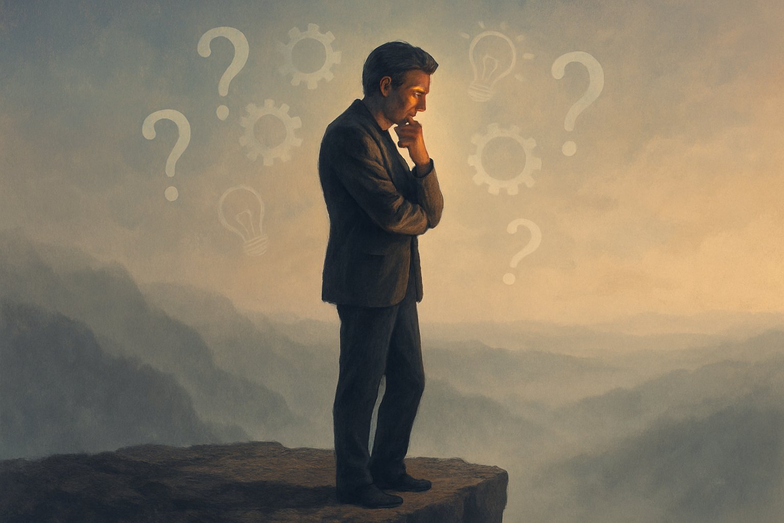 A person standing at the edge of a cliff, looking thoughtfully over a foggy landscape with abstract symbols around them representing complex thinking.