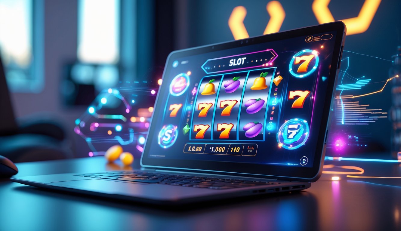 Seseorang menggunakan laptop dengan permainan slot online yang berwarna-warni di layar di sebuah ruangan modern.