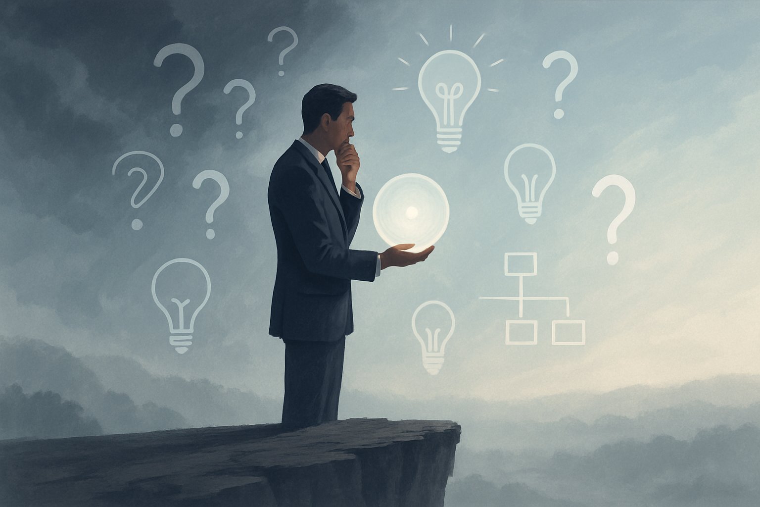 A businessperson standing at the edge of a cliff, holding a glowing orb, surrounded by floating symbols, overlooking a foggy landscape that transitions from stormy clouds to clear skies.