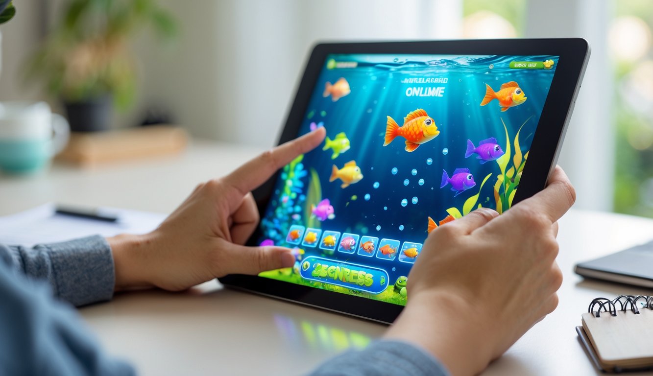 Seseorang sedang bermain permainan tembak ikan di tablet dengan latar belakang ruangan yang nyaman dan pencahayaan terang.