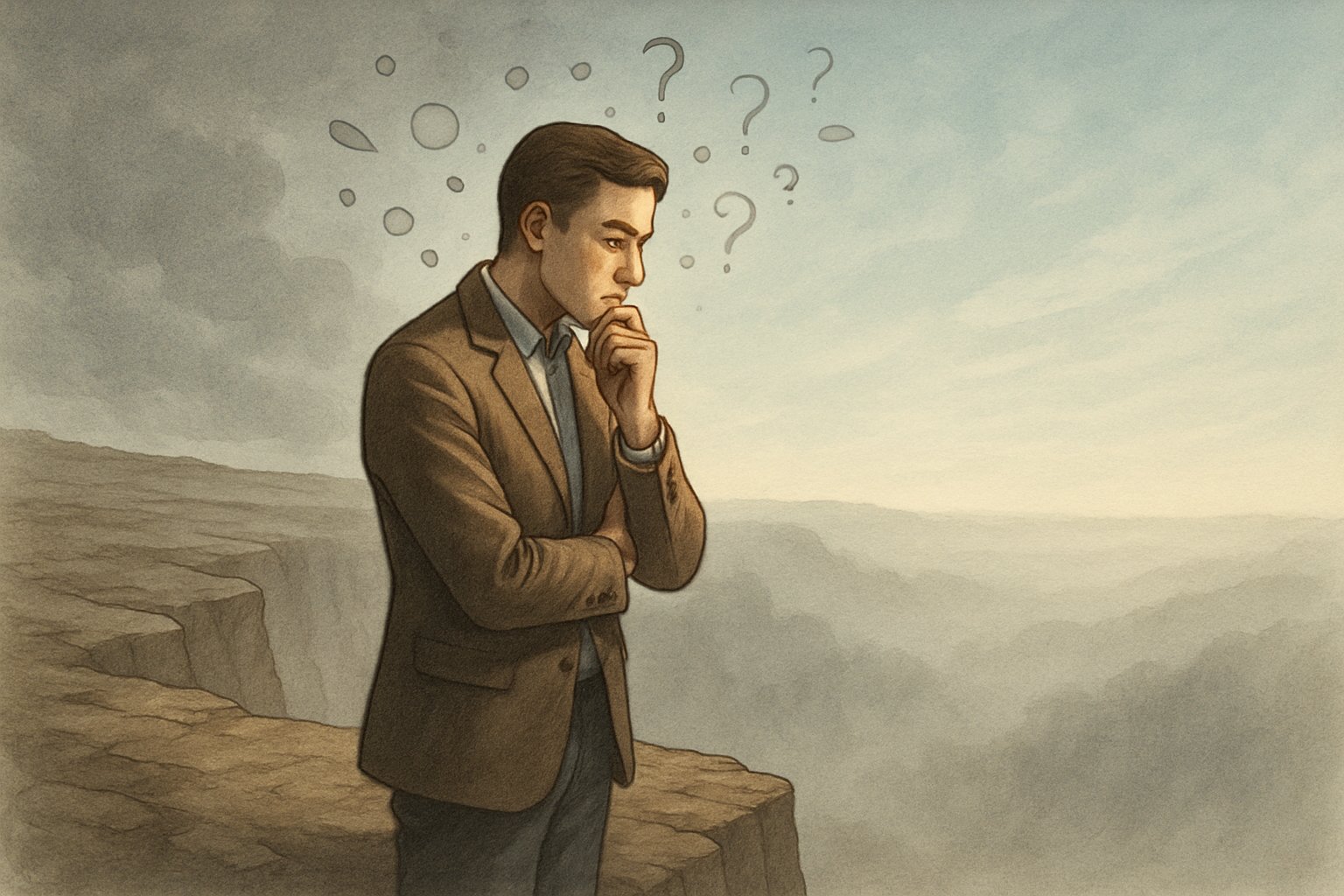 A person standing thoughtfully at the edge of a cliff overlooking a foggy landscape with abstract shapes around their head, symbolizing contemplation and uncertainty.