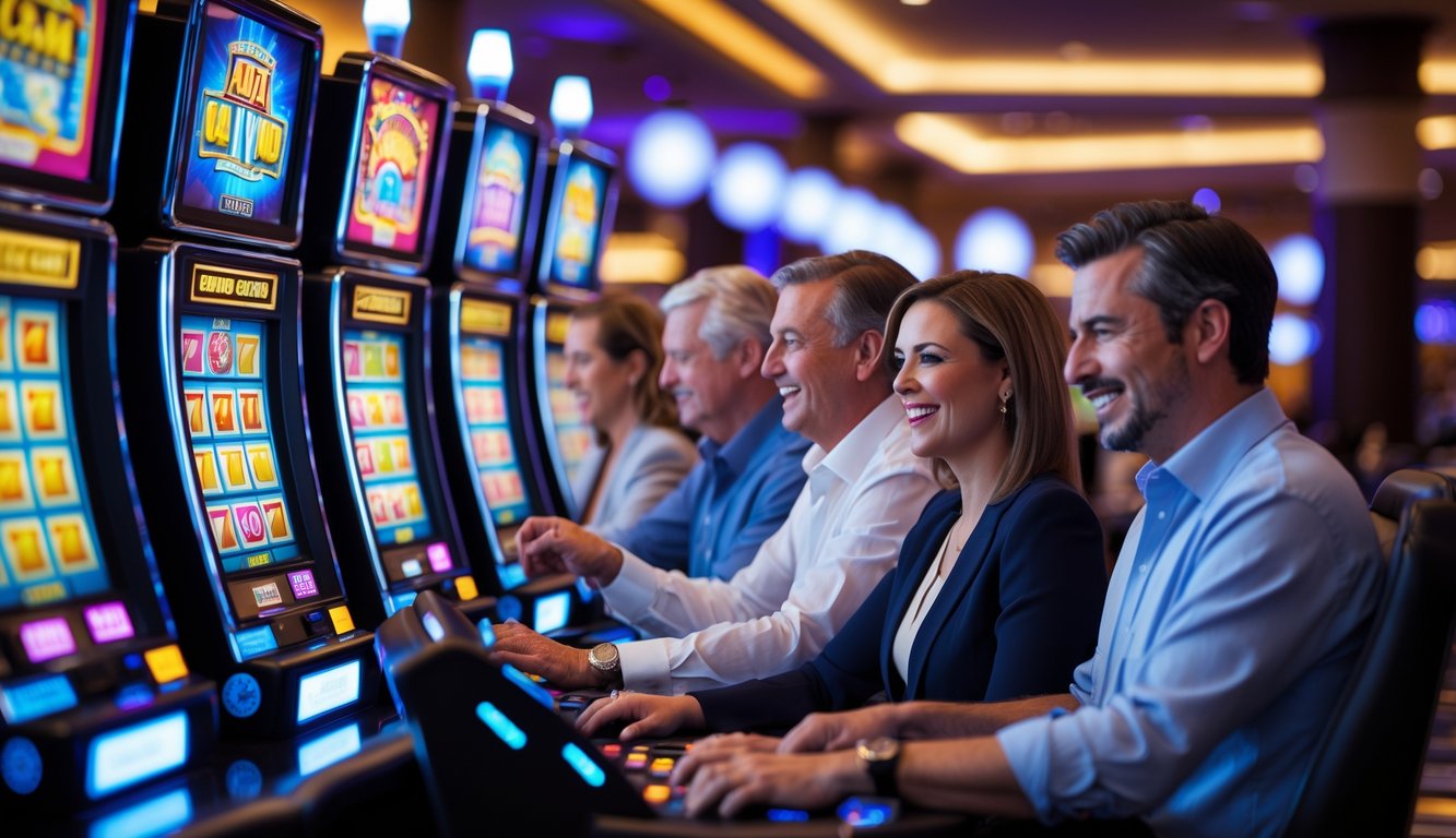 Orang-orang bermain mesin slot di kasino yang terang dan modern dengan lampu berwarna-warni.