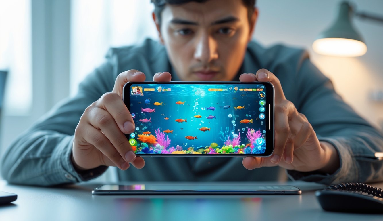 Seorang dewasa muda fokus bermain game tembak ikan di smartphone dengan latar belakang yang samar.