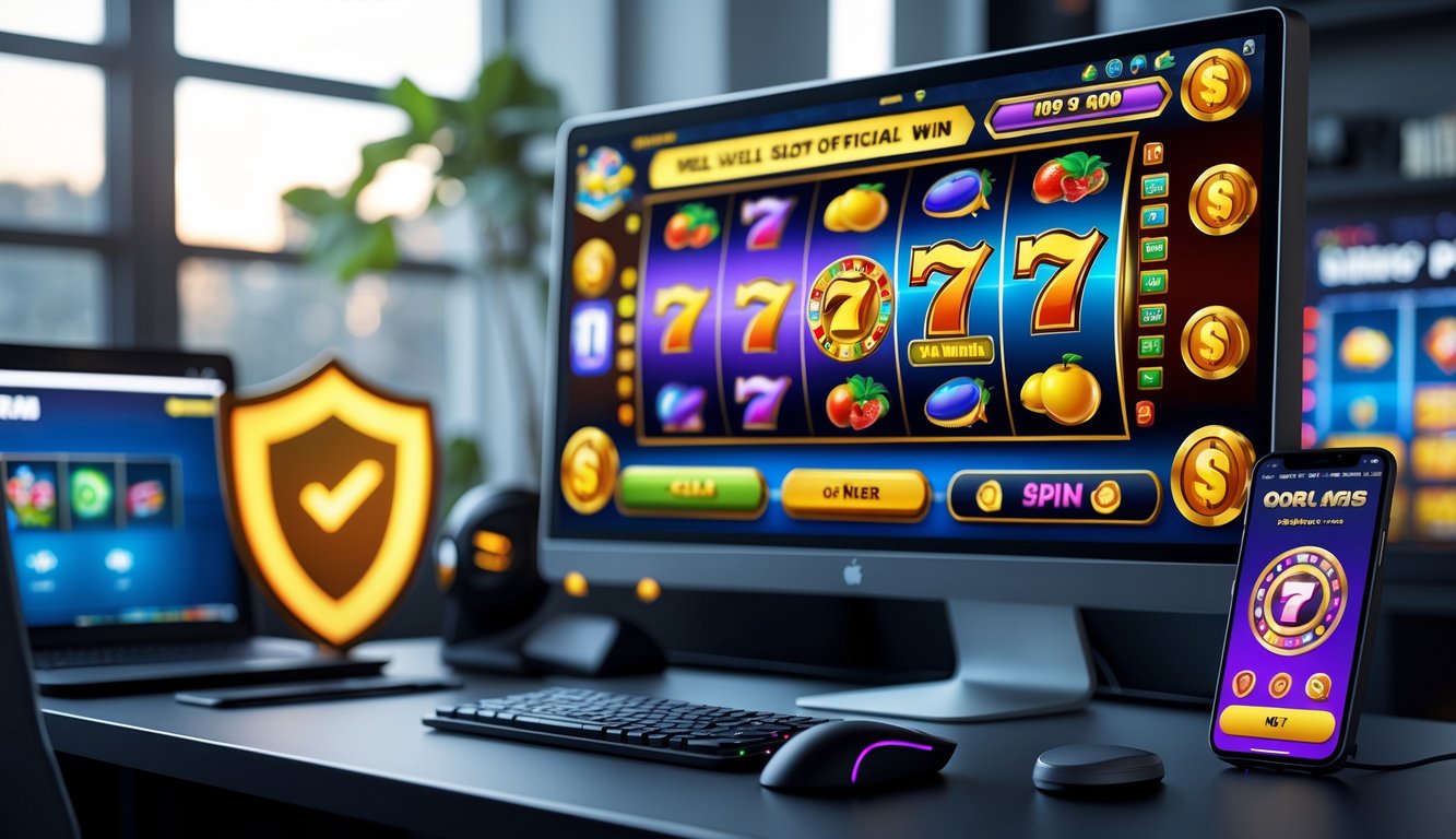 Seorang pria sedang bermain permainan slot online di komputer dengan tampilan layar penuh simbol mesin slot yang berputar.