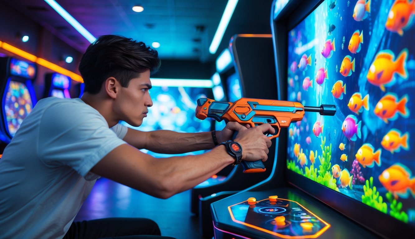 Seorang pria muda sedang fokus bermain permainan tembak ikan di pusat permainan dengan layar warna-warni dan alat tembak futuristik.