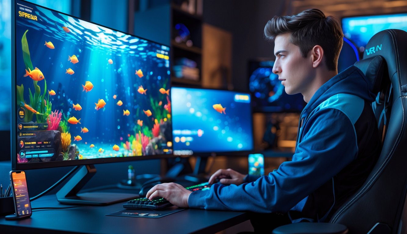 Seorang pria muda sedang bermain game tembak ikan online di depan komputer dengan layar menampilkan grafik ikan berwarna-warni di bawah laut.