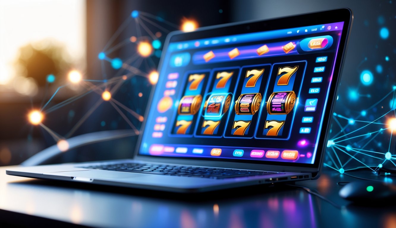 Sebuah meja dengan komputer menampilkan permainan mesin slot online yang berwarna-warni dan menyala, dengan latar belakang kabur dan pencahayaan yang hangat.