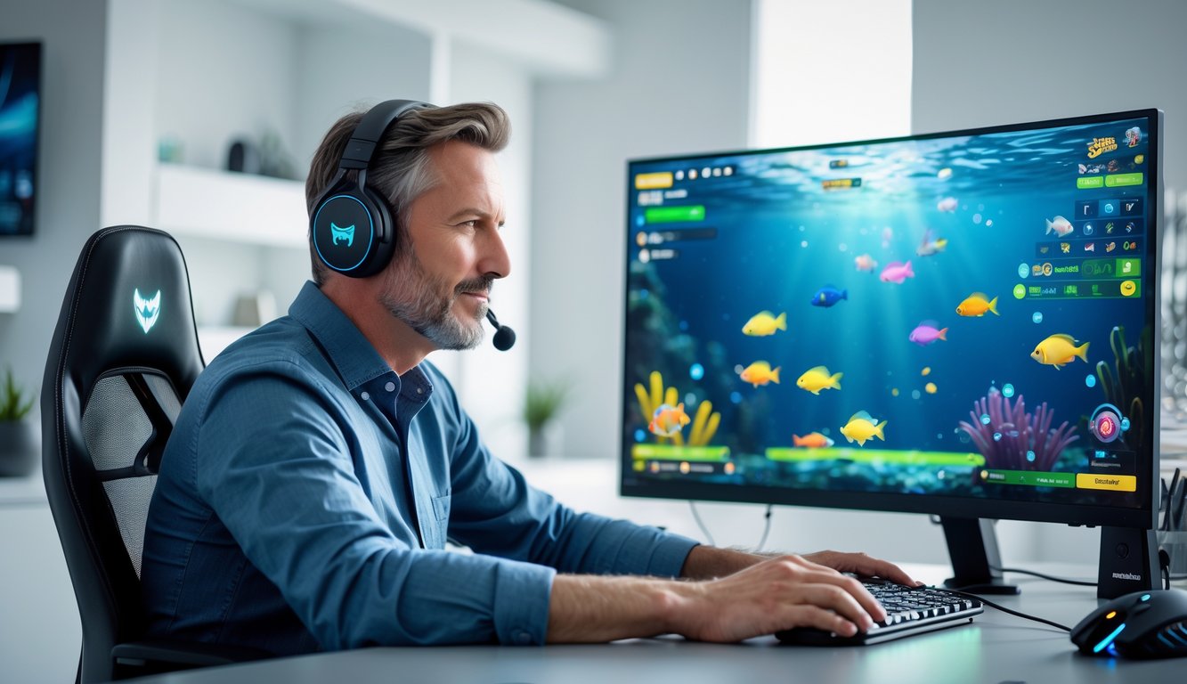 Seorang pria dewasa sedang bermain permainan tembak ikan online di komputer di ruang kerja modern.