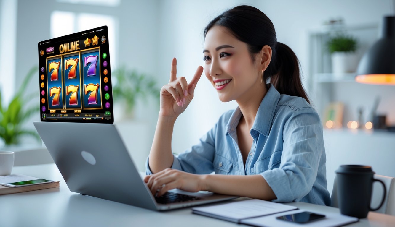 Seorang wanita muda duduk di meja dengan laptop, sedang bermain permainan slot online dengan ekspresi fokus dan senang.