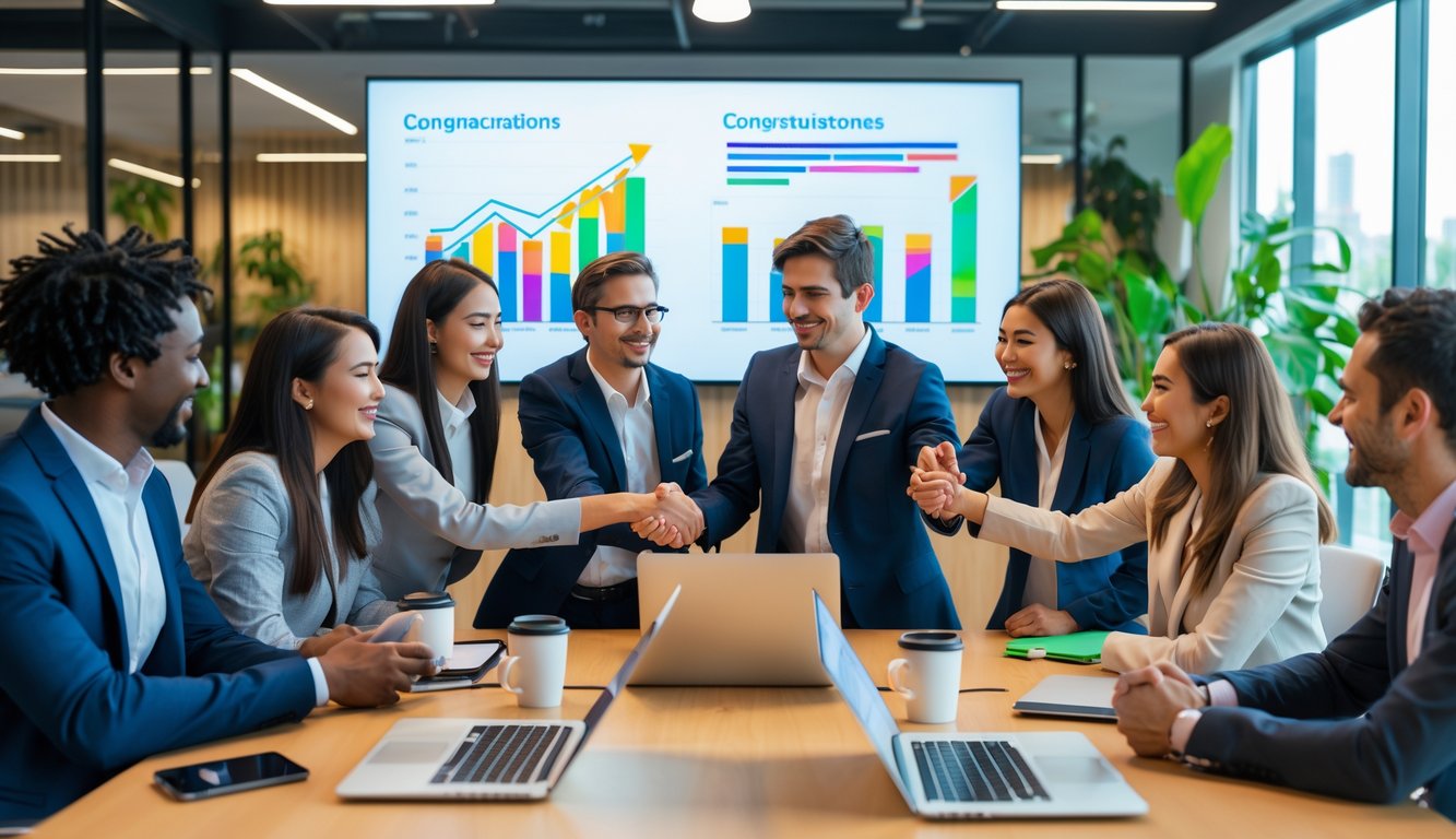 Sekelompok profesional muda yang sedang merayakan kedatangan anggota baru di ruang konferensi kantor.