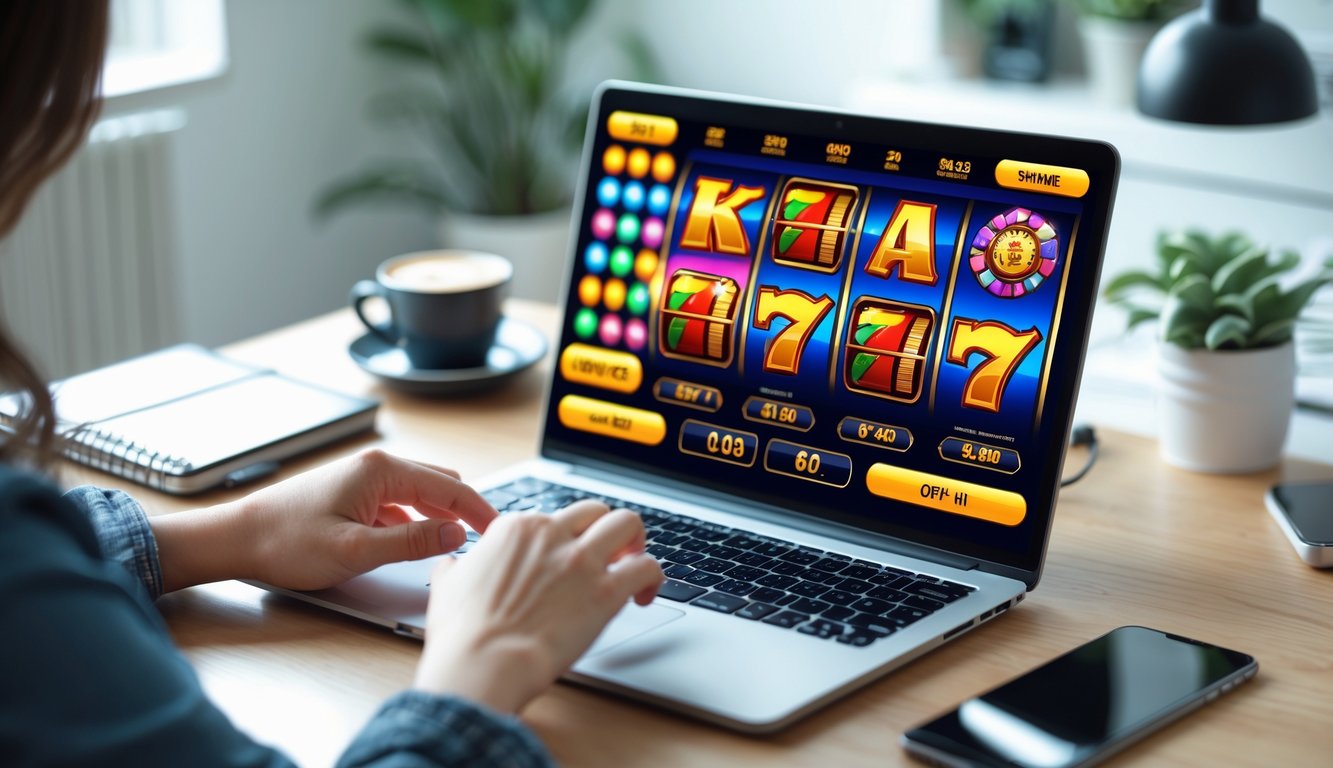 Seseorang bermain permainan slot online di laptop dengan latar belakang ruangan yang rapi dan terang.