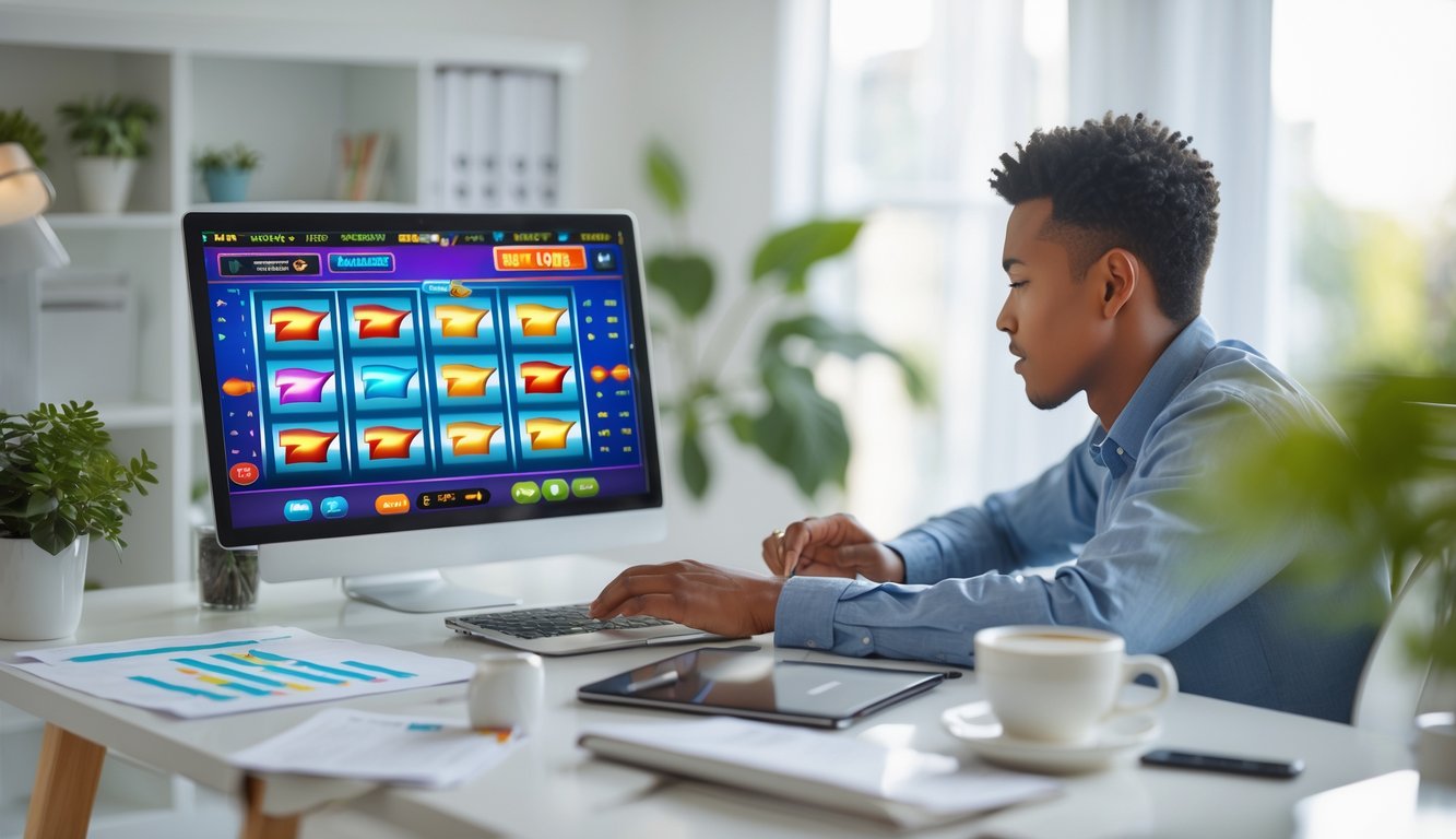 Seseorang duduk di depan laptop yang menampilkan permainan slot online dengan ekspresi fokus, di meja terdapat catatan dan secangkir kopi.