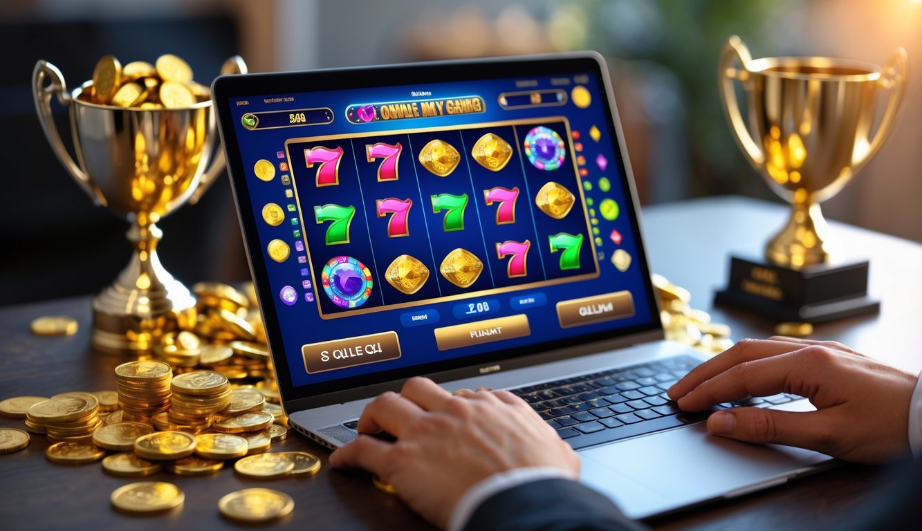 Seorang individu menggunakan laptop dengan tampilan permainan slot online berwarna-warni, dikelilingi oleh koin emas dan piala jackpot.