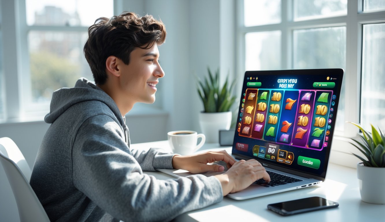 Seseorang duduk di meja dengan laptop, bermain permainan slot online dengan ekspresi fokus dan senang.