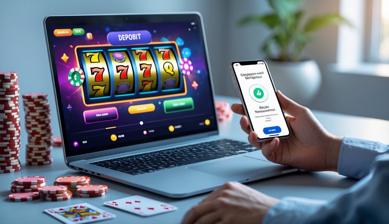 Seorang pengguna sedang melakukan deposit Dana cepat untuk permainan slot online menggunakan laptop dan ponsel di meja kerja yang rapi.