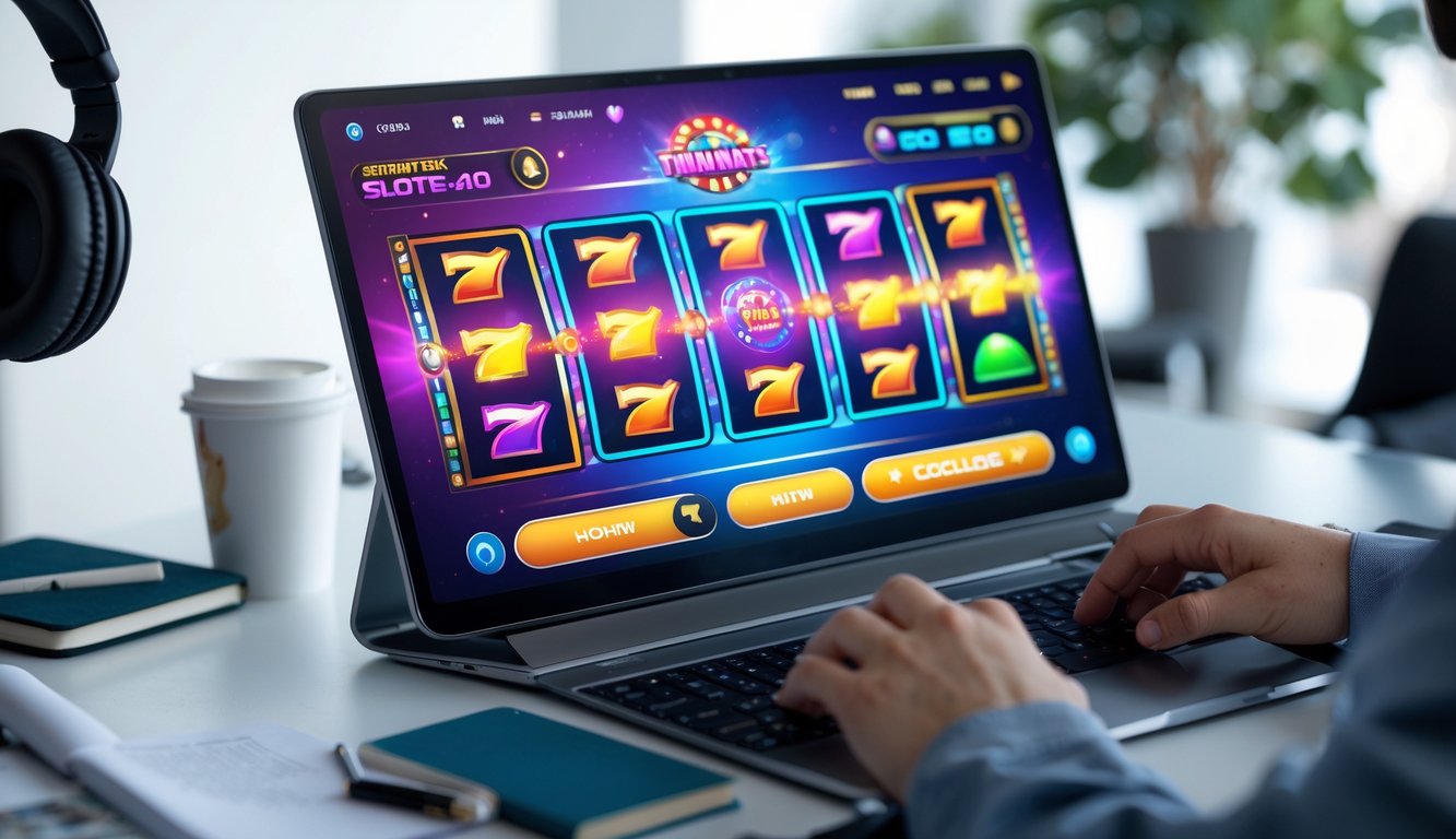 Seseorang bermain permainan slot online di komputer dengan layar penuh warna di meja kerja yang rapi.